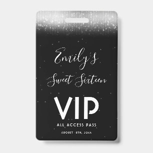 Glam Black White Sweet 16 Invitation VIP Pass ID Badge