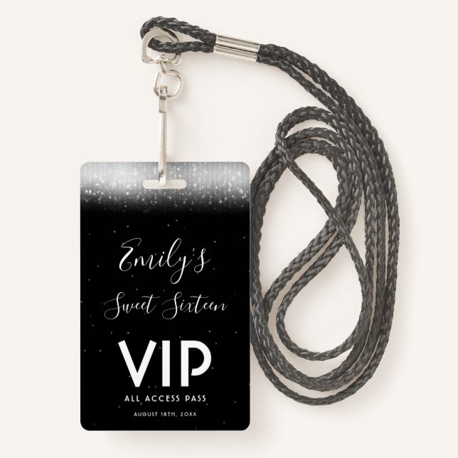 Glam Black White Sweet 16 Invitation VIP Pass ID Badge (Front with Lanyard)