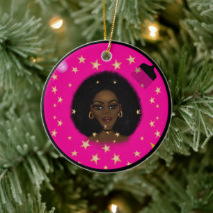 Glam Black Woman Afro Hair pic lipstick pink moon Ceramic Tree Decoration