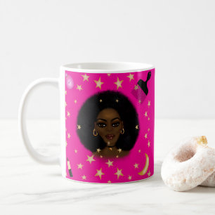 Glam Black Woman Afro Hair pic lipstick pink moon Coffee Mug