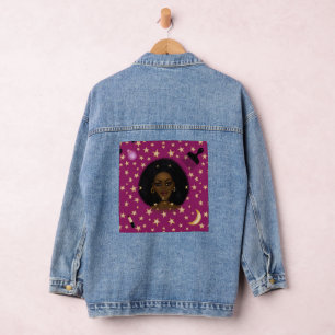 Glam Black Woman Afro Hair pic lipstick pink moon Denim Jacket