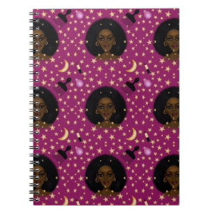 Glam Black Woman Afro Hair pic lipstick pink moon Notebook