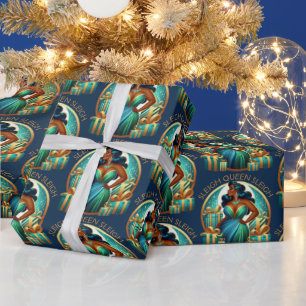 Glam Black Woman Elegant Teal & Gold Christmas  Wrapping Paper