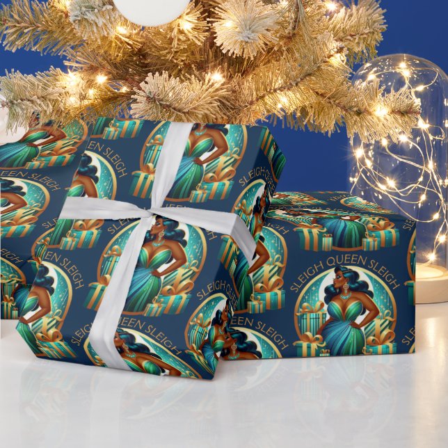 Glam Black Woman Elegant Teal & Gold Christmas  Wrapping Paper (Holidays)