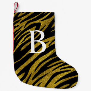 Glam Black Zebra Stripes & Faux Gold Glitter Small Christmas Stocking