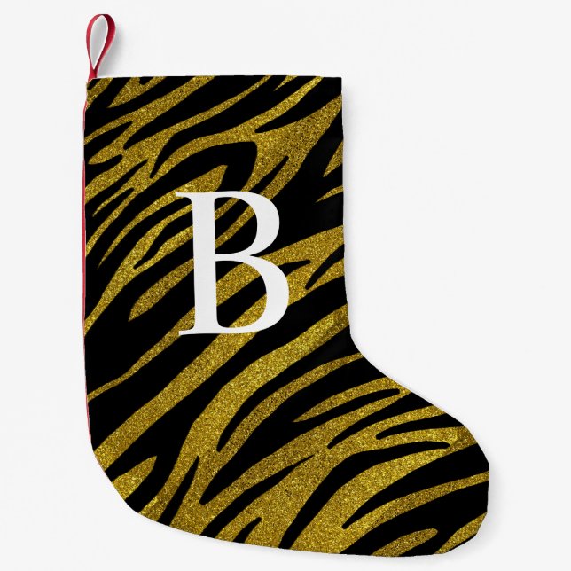 Glam Black Zebra Stripes & Faux Gold Glitter Small Christmas Stocking (Front)