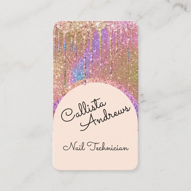 Glam Bling Holographic Glitter Drips Nail Tech Business Card (Front)