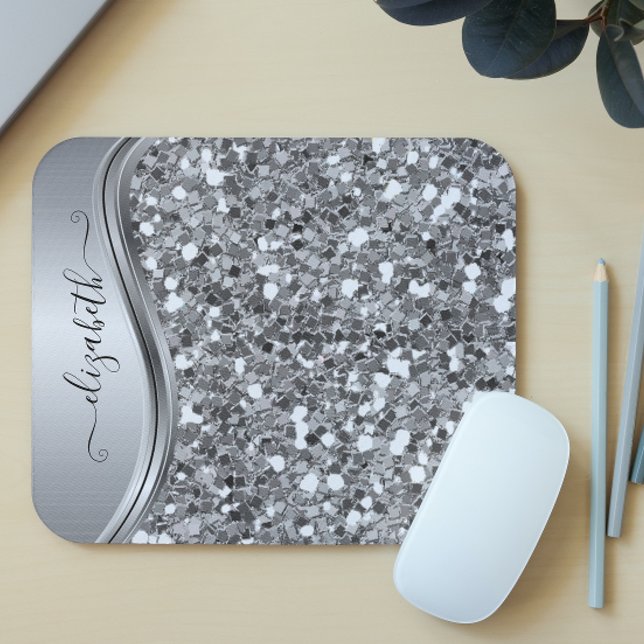 Glam Bling Personalised Glitter Calligraphy Silver Mouse Mat (Creator Uploaded)