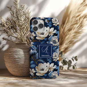 Glam Blue and Ivory Flowers Designer iPhone Case