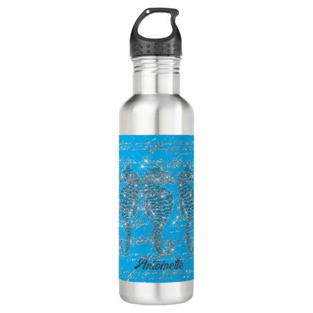 Glam Blue and Silver Glitter Seahorse 710 Ml Water Bottle (Front)