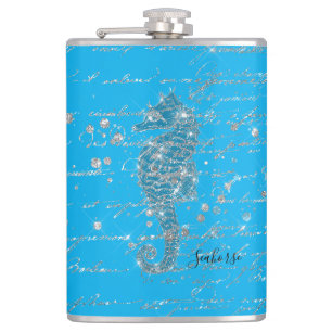 Glam Blue and Silver Glitter Seahorse Hip Flask