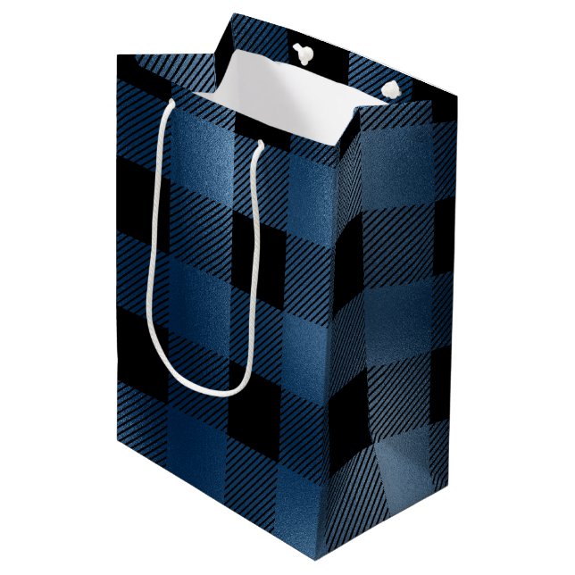 Glam Blue Black Buffalo Plaid Medium Gift Bag (Front Angled)