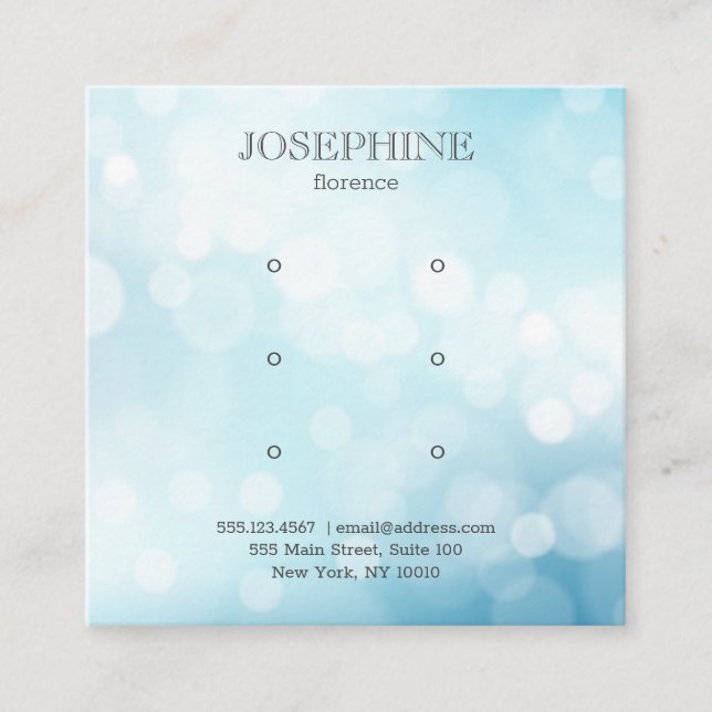 Glam Blue Bokeh Jewellery 3 Stud Earring Display Square Business Card (Front)