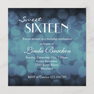 Glam Blue Bokeh Lights Sweet Sixteen Invite