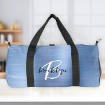 Glam Blue Brushed Metal Black White Monogram  Duffle Bag<br><div class="desc">This personalised duffel bag features a monogram and first name in modern black and white script on a glam blue faux brushed metal background.</div>