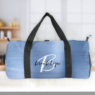 Glam Blue Brushed Metal Black White Monogram Duffle Bag