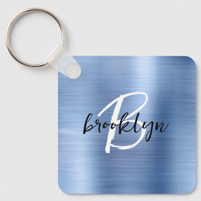 Glam Blue Brushed Metal Monogram  Key Ring (Front)