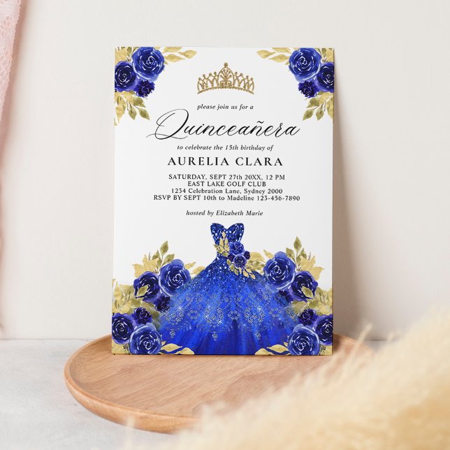 Glam Blue Dress Floral Watercolor 15th Quinceañera Invitation (Creator Uploaded)