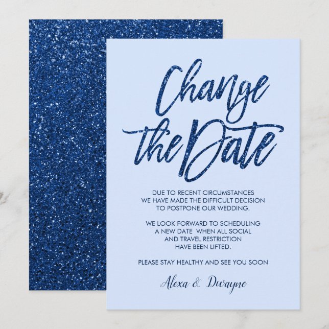 Glam Blue Glitter Cancelled Postponed Wedding Invitation (Front/Back)