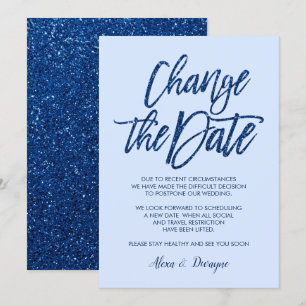 Glam Blue Glitter Cancelled Postponed Wedding Invitation