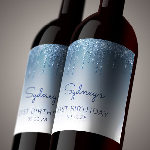 Glam Blue Glitter Drip 21st Birthday Party Wine Label