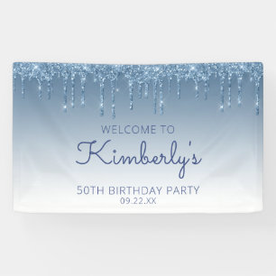 Glam Blue Glitter Drip 50th Birthday Party Banner