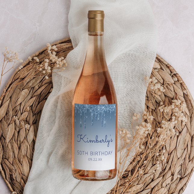 Glam Blue Glitter Drip 50th Birthday Party Wine Label (Creator Uploaded)
