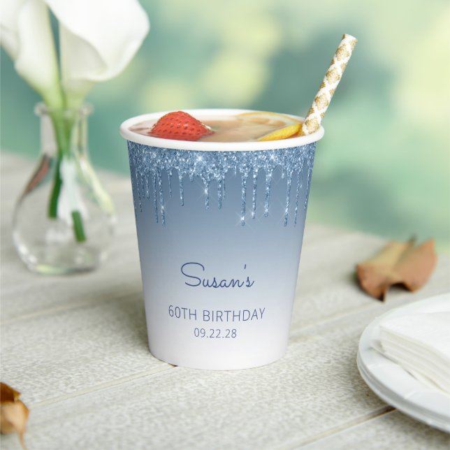 Glam Blue Glitter Drip 60th Birthday Party Paper Cups (Insitu)