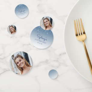 Glam Blue Glitter Drip Photo 21st Birthday Confetti
