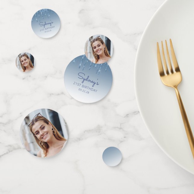 Glam Blue Glitter Drip Photo 21st Birthday Confetti (Group)
