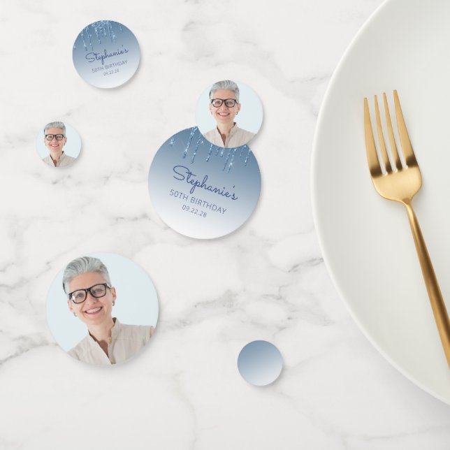 Glam Blue Glitter Drip Photo 50th Birthday Confetti (Group)