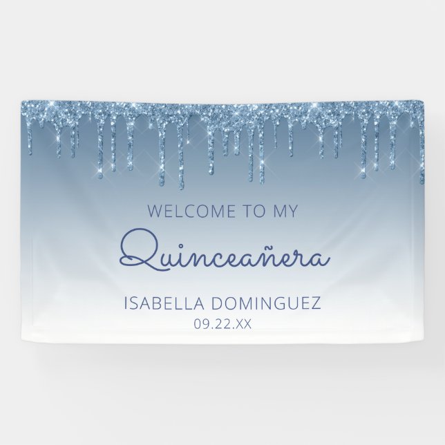 Glam Blue Glitter Drip Quinceañera Banner (Horizontal)