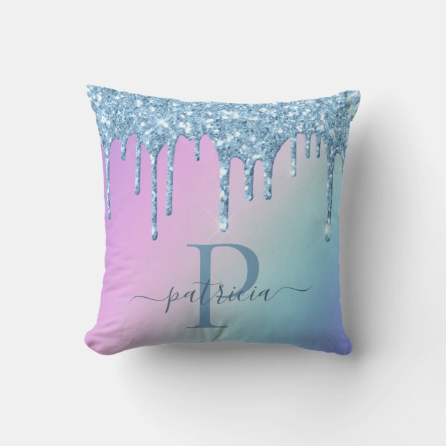 Glam Blue Glitter Drips Elegant Monogram   Cushion (Front)