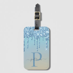 Glam Blue Glitter Drips Elegant Monogram Luggage Tag