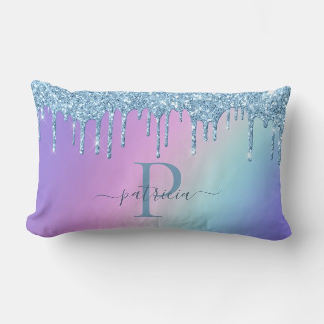 Glam Blue Glitter Drips Elegant Monogram Lumbar Cushion (Front)