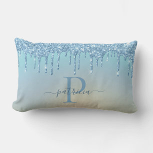 Glam Blue Glitter Drips Elegant Monogram  Lumbar Cushion