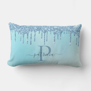 Glam Blue Glitter Drips Elegant Monogram  Lumbar P Lumbar Cushion