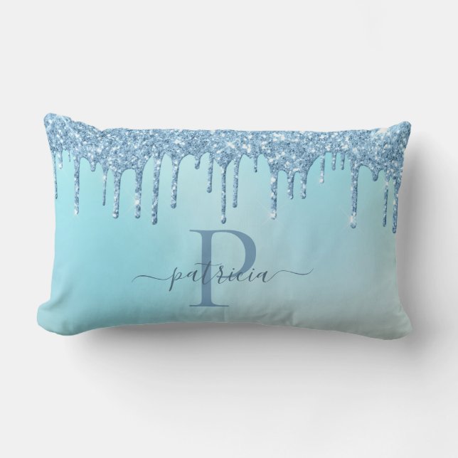 Glam Blue Glitter Drips Elegant Monogram  Lumbar P Lumbar Cushion (Front)