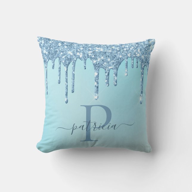 Glam Blue Glitter Drips Elegant Monogram  Throw Pi Cushion (Front)