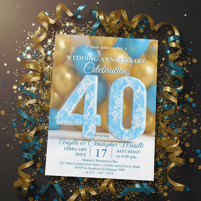 Glam Blue Gold Balloons 40th Wedding Anniversary  Invitation (Creator Uploaded)