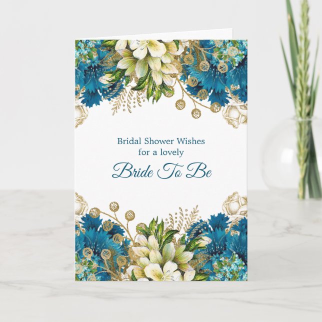 Glam Blue Gold Floral Bridal Shower Card (Front)