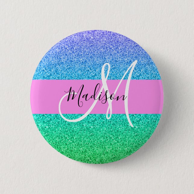 Glam Blue Green Glitter Sparkle Gradient Monogram 6 Cm Round Badge (Front)