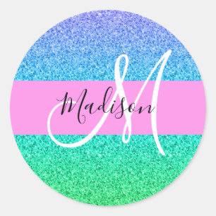 Glam Blue Green Glitter Sparkle Gradient Monogram Classic Round Sticker