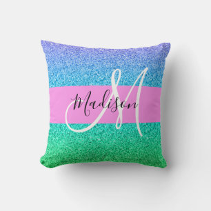 Glam Blue Green Glitter Sparkle Gradient Monogram Cushion