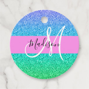 Glam Blue Green Glitter Sparkle Gradient Monogram Favour Tags