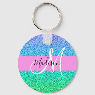 Glam Blue Green Glitter Sparkle Gradient Monogram Key Ring