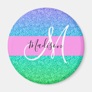 Glam Blue Green Glitter Sparkle Gradient Monogram Magnet