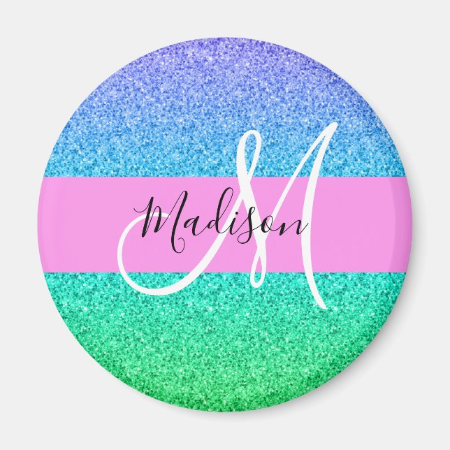 Glam Blue Green Glitter Sparkle Gradient Monogram Magnet (Front)