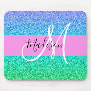 Glam Blue Green Glitter Sparkle Gradient Monogram Mouse Mat