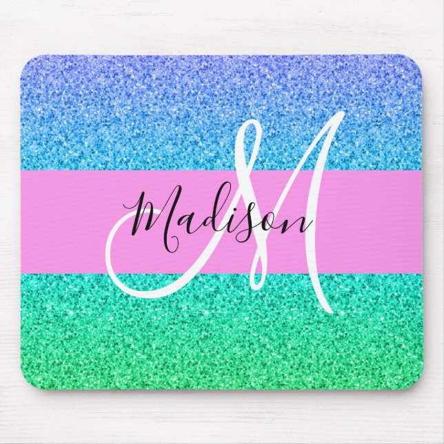 Glam Blue Green Glitter Sparkle Gradient Monogram Mouse Mat (Front)